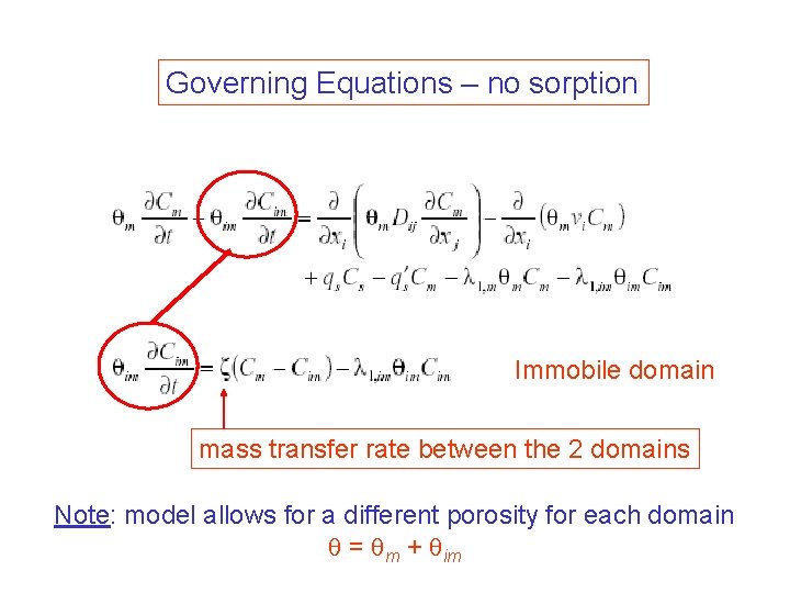 Governing Equations – no sorption Immobile domain mass transfer rate between the 2 domains