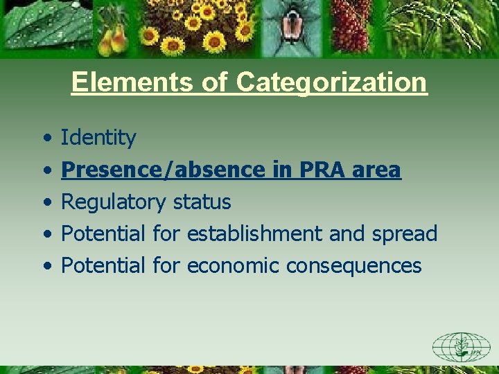 Elements of Categorization • • • Identity Presence/absence in PRA area Regulatory status Potential