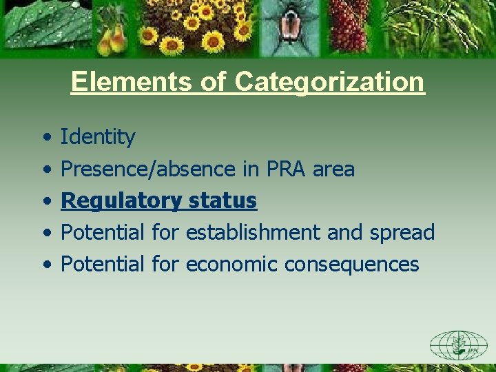 Elements of Categorization • • • Identity Presence/absence in PRA area Regulatory status Potential