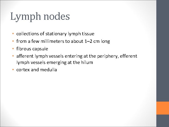 Lymph nodes collections of stationary lymph tissue from a few millimeters to about 1–