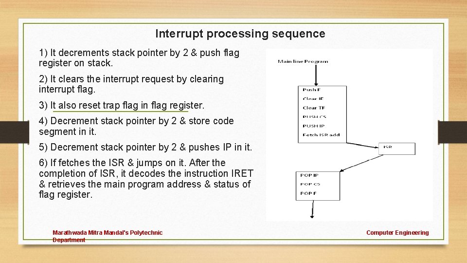 Interrupt processing sequence 1) It decrements stack pointer by 2 & push flag register