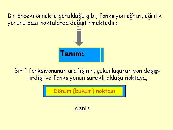 Bir önceki örnekte görüldüğü gibi, fonksiyon eğrisi, eğrilik yönünü bazı noktalarda değiştirmektedir: Tanım: Bir