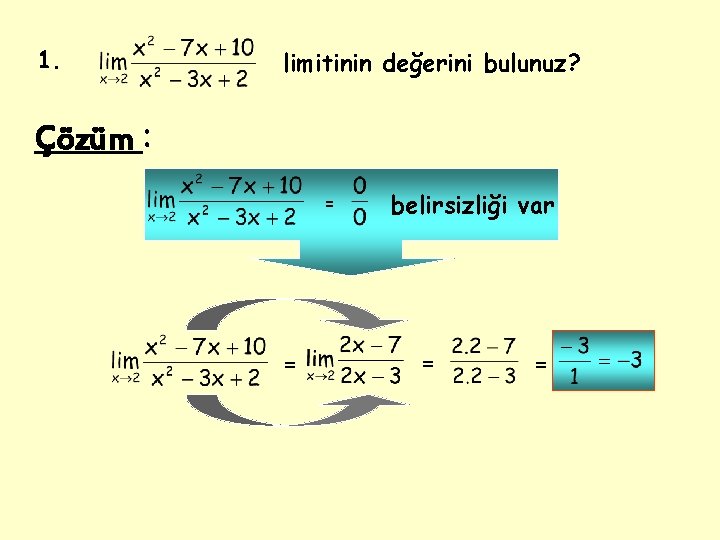 1. limitinin değerini bulunuz? Çözüm : = = belirsizliği var = = 