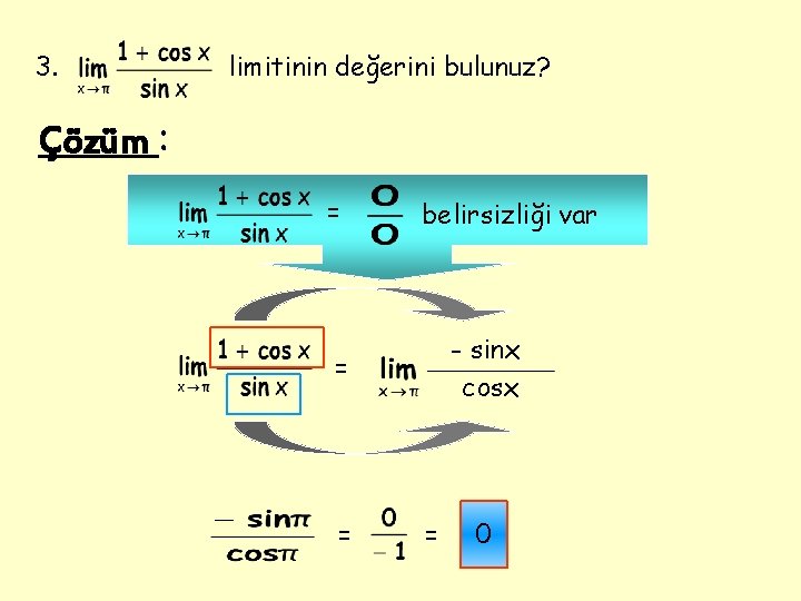 3. limitinin değerini bulunuz? Çözüm : = belirsizliği var - sinx cosx = =
