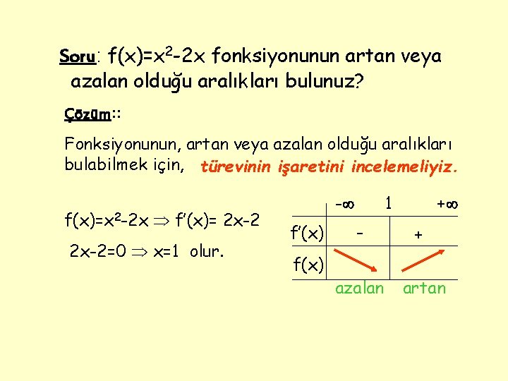 Soru: f(x)=x 2 -2 x fonksiyonunun artan veya azalan olduğu aralıkları bulunuz? Çözüm: :