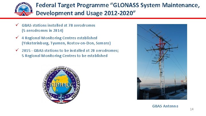 Federal Target Programme “GLONASS System Maintenance, Development and Usage 2012 -2020” ü GBAS stations