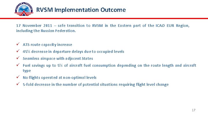 RVSM Implementation Outcome 17 November 2011 – safe transition to RVSM in the Eastern