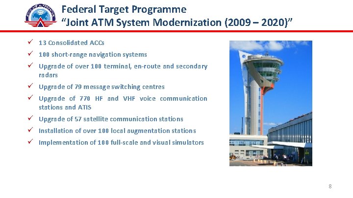 Federal Target Programme “Joint ATM System Modernization (2009 – 2020)” ü 13 Consolidated ACCs