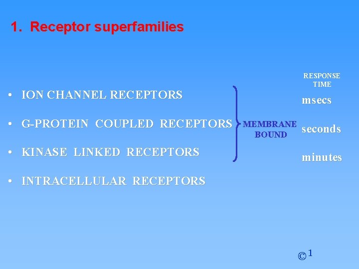 1. Receptor superfamilies RESPONSE TIME • ION CHANNEL RECEPTORS • G-PROTEIN COUPLED RECEPTORS •