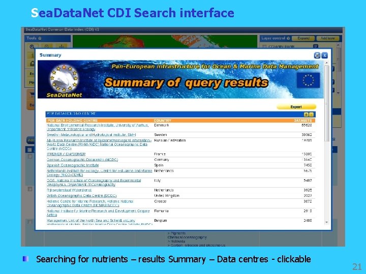 Sea. Data. Net CDI Search interface Searching for nutrients – results Summary – Data
