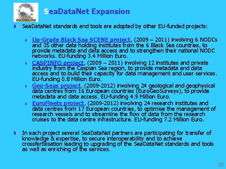 Sea. Data. Net Expansion Sea. Data. Net standards and tools are adopted by other