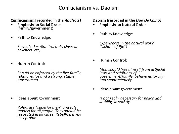 Confucianism vs. Daoism Confucianism (recorded in the Analects) • Emphasis on Social Order (family/government)