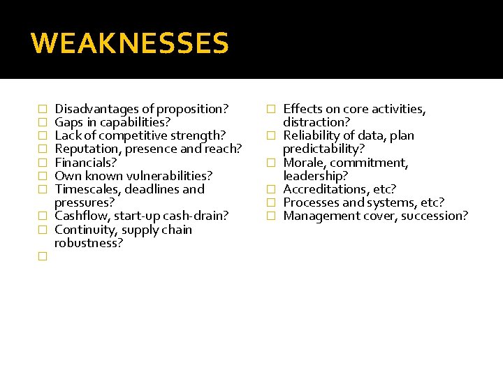 WEAKNESSES Disadvantages of proposition? Gaps in capabilities? Lack of competitive strength? Reputation, presence and