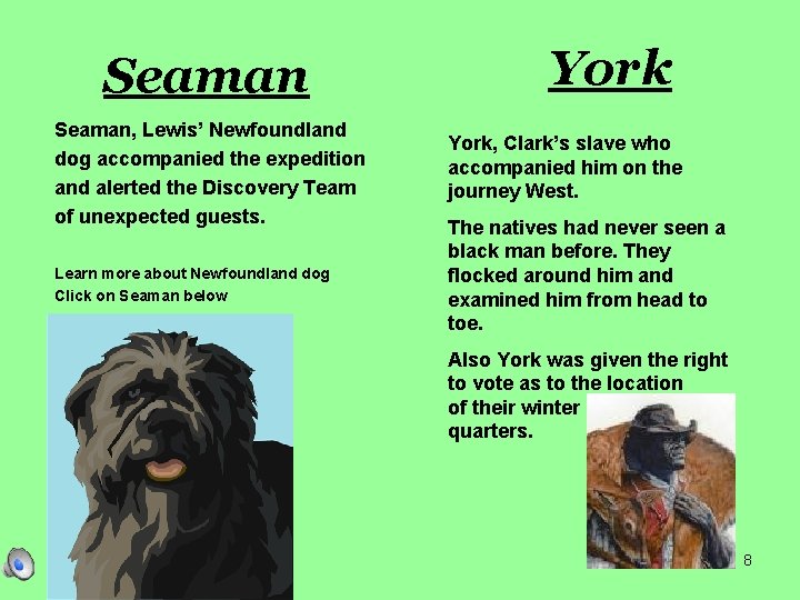 Seaman, Lewis’ Newfoundland dog accompanied the expedition and alerted the Discovery Team of unexpected