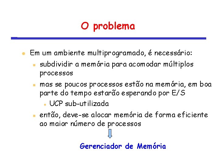 O problema Em um ambiente multiprogramado, é necessário: subdividir a memória para acomodar múltiplos