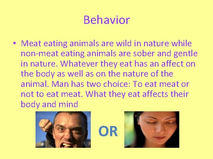 Behavior • Meat eating animals are wild in nature while non-meat eating animals are