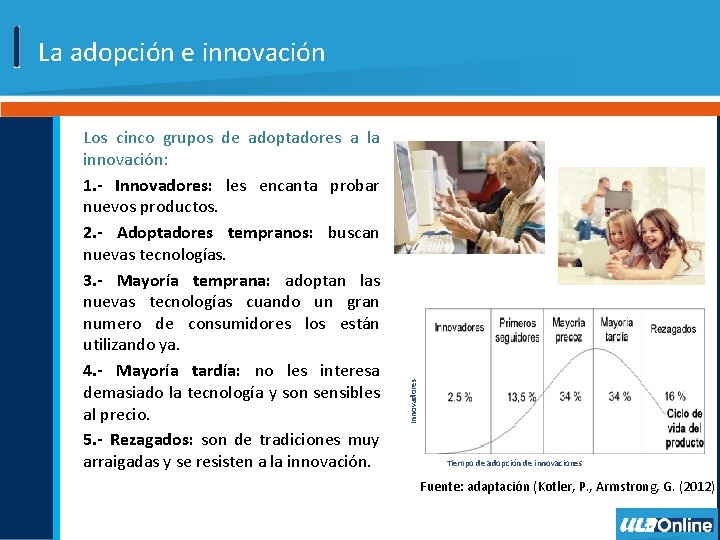 Los cinco grupos de adoptadores a la innovación: 1. - Innovadores: les encanta probar