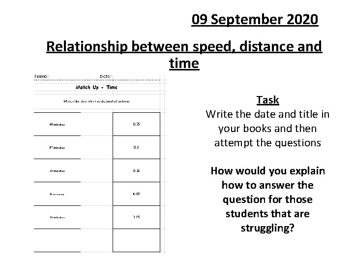 09 September 2020 Relationship between speed, distance and time Task Write the date and