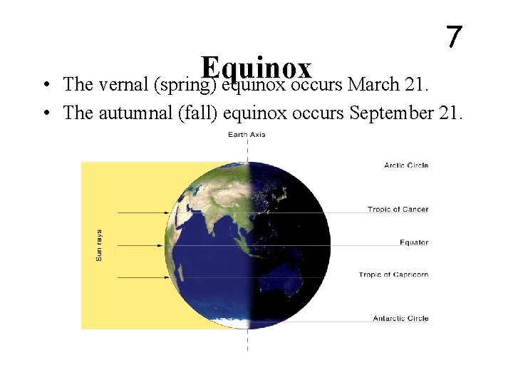 Equinox The vernal (spring) equinox occurs March 21. 7 • • The autumnal (fall)