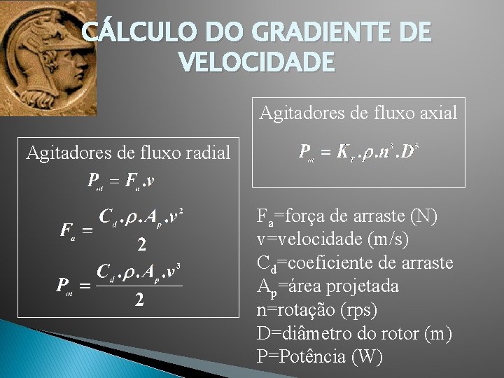 CÁLCULO DO GRADIENTE DE VELOCIDADE Agitadores de fluxo axial Agitadores de fluxo radial Fa=força