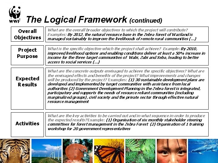 The Logical Framework (continued) Overall Objectives Project Purpose Expected Results Activities What are the