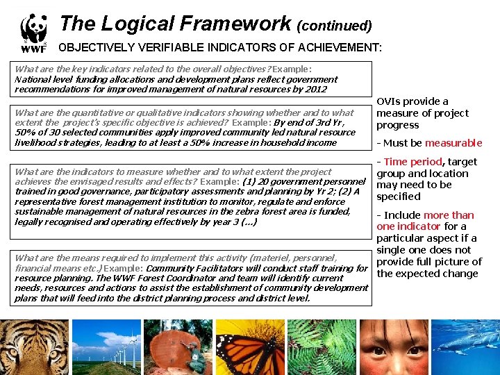 The Logical Framework (continued) OBJECTIVELY VERIFIABLE INDICATORS OF ACHIEVEMENT: What are the key indicators