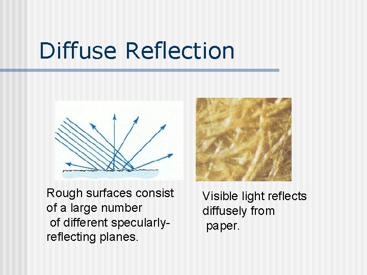 Diffuse Reflection Rough surfaces consist of a large number of different specularlyreflecting planes. Visible