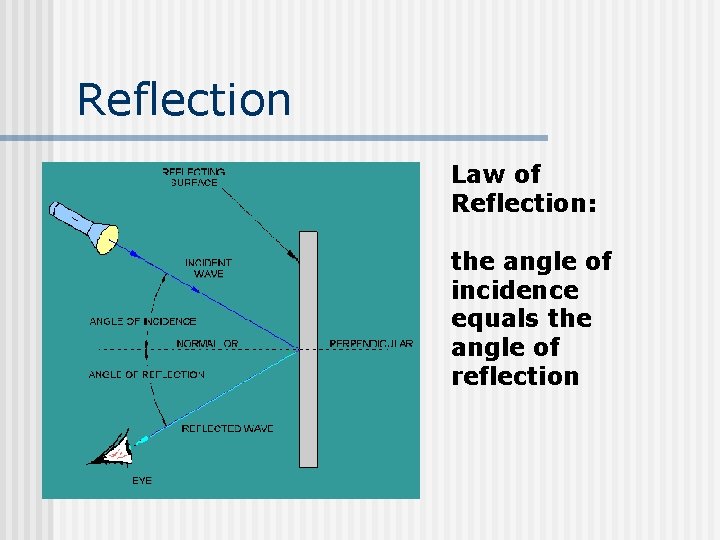 Reflection Law of Reflection: the angle of incidence equals the angle of reflection 