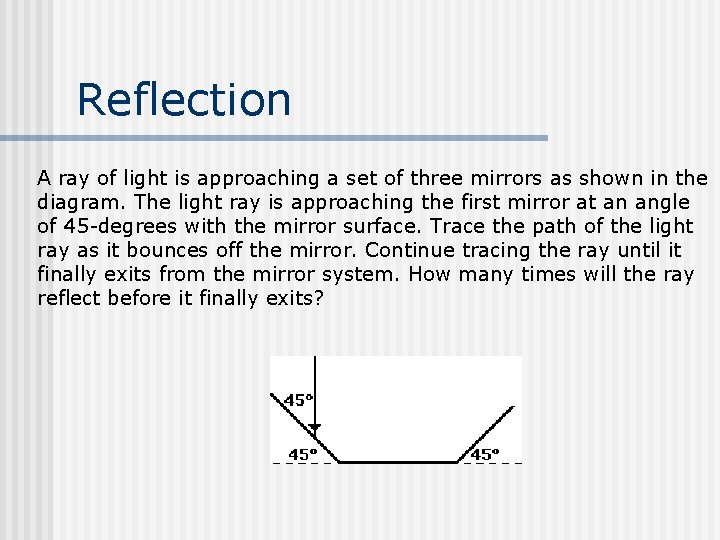 Reflection A ray of light is approaching a set of three mirrors as shown