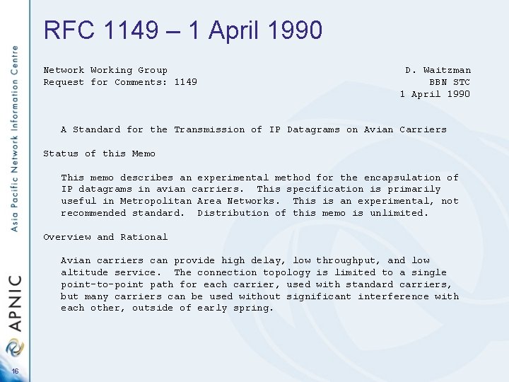 RFC 1149 – 1 April 1990 Network Working Group Request for Comments: 1149 D.