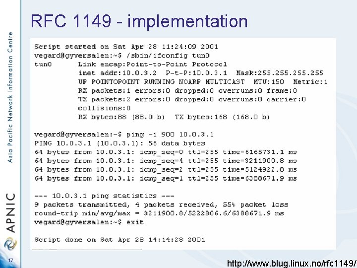 RFC 1149 - implementation 17 http: //www. blug. linux. no/rfc 1149/ 