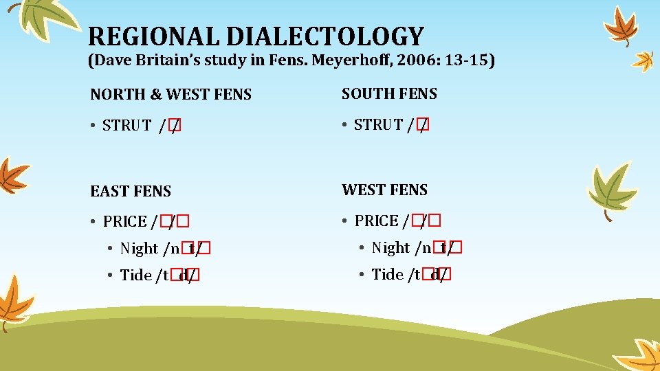 REGIONAL DIALECTOLOGY (Dave Britain’s study in Fens. Meyerhoff, 2006: 13 -15) NORTH & WEST