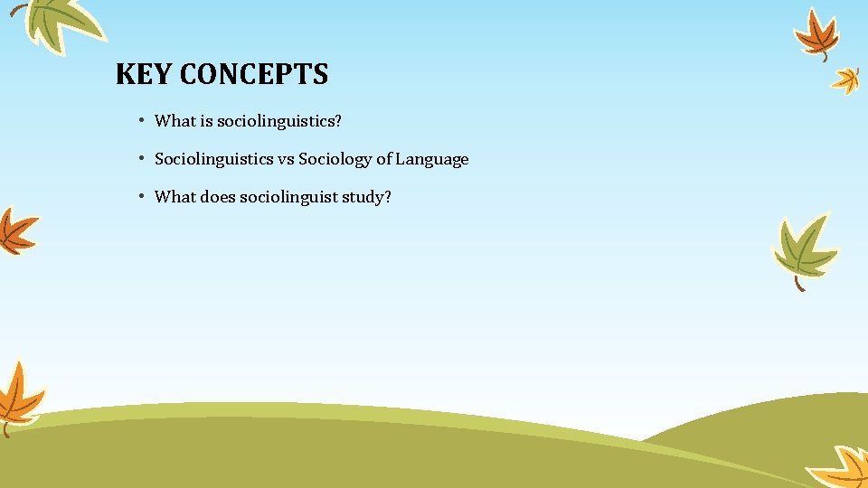 KEY CONCEPTS • What is sociolinguistics? • Sociolinguistics vs Sociology of Language • What