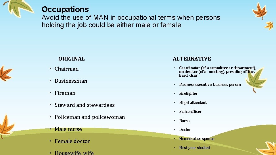 Occupations Avoid the use of MAN in occupational terms when persons holding the job