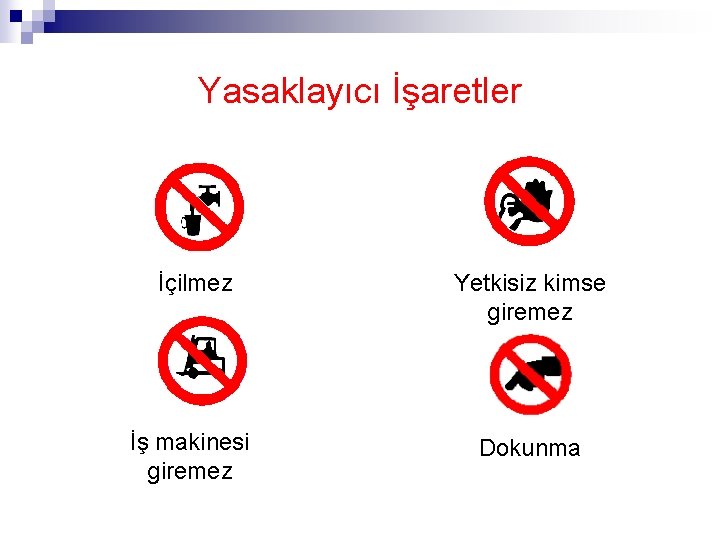 Yasaklayıcı İşaretler İçilmez Yetkisiz kimse giremez İş makinesi giremez Dokunma 