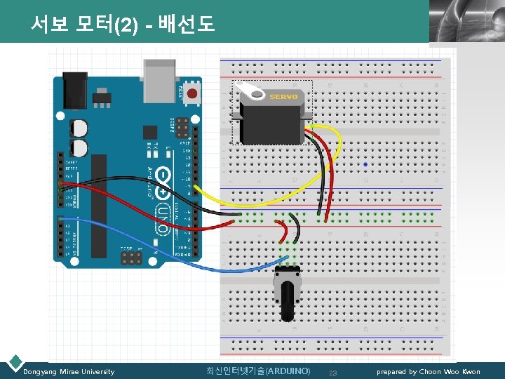 서보 모터(2) - 배선도 Dongyang Mirae University 최신인터넷기술(ARDUINO) LOGO 23 prepared by Choon Woo