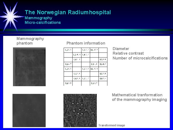 The Norwegian Radiumhospital Mammography Micro-calcifications Mammography phantom Phantom information Diameter Relative contrast Number of