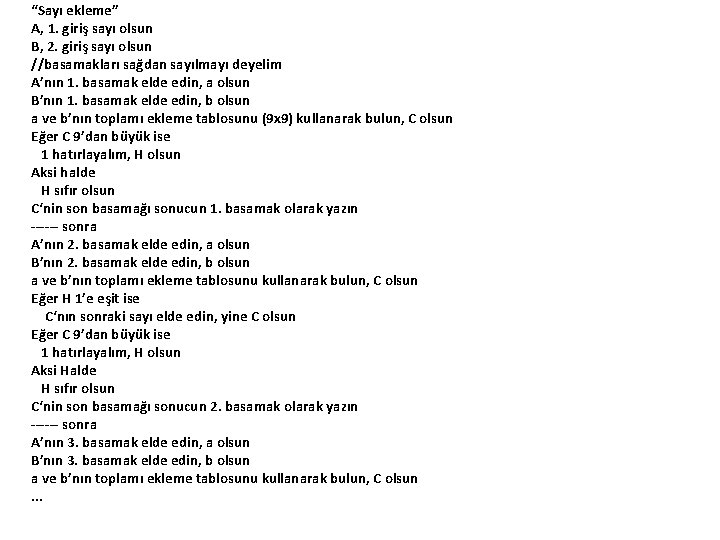 “Sayı ekleme” A, 1. giriş sayı olsun B, 2. giriş sayı olsun //basamakları sağdan