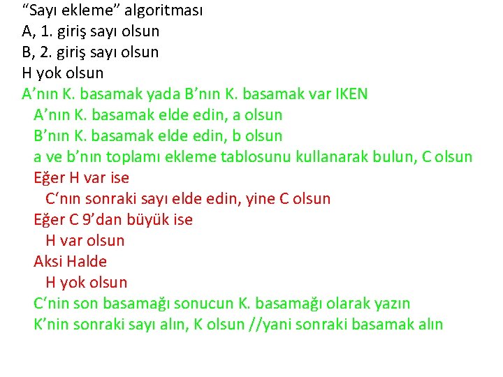 “Sayı ekleme” algoritması A, 1. giriş sayı olsun B, 2. giriş sayı olsun H