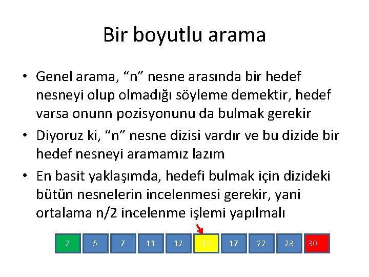 Bir boyutlu arama • Genel arama, “n” nesne arasında bir hedef nesneyi olup olmadığı