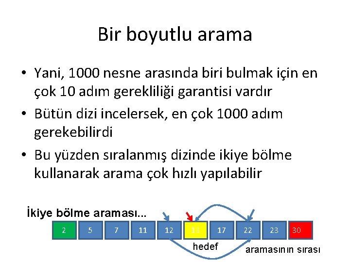 Bir boyutlu arama • Yani, 1000 nesne arasında biri bulmak için en çok 10