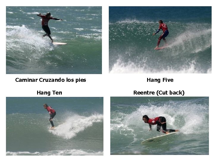 Caminar Cruzando los pies Hang Five Hang Ten Reentre (Cut back) 