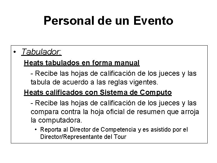 Personal de un Evento • Tabulador: Heats tabulados en forma manual - Recibe las