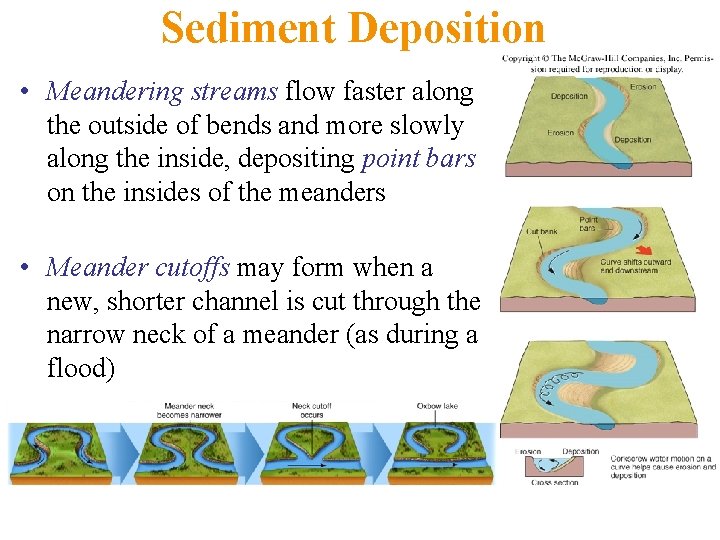 Sediment Deposition • Meandering streams flow faster along the outside of bends and more