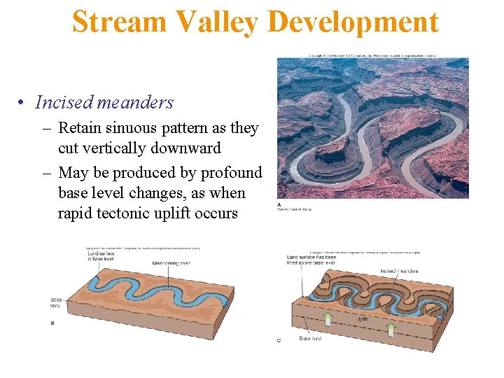 Stream Valley Development • Incised meanders – Retain sinuous pattern as they cut vertically