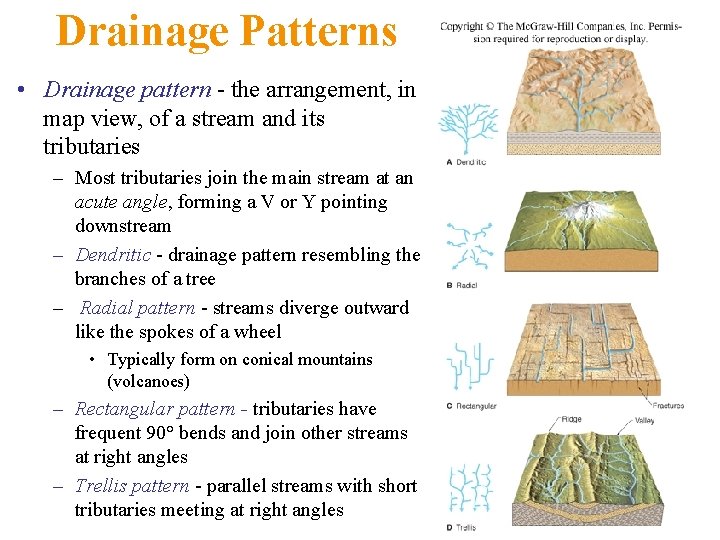 Drainage Patterns • Drainage pattern - the arrangement, in map view, of a stream