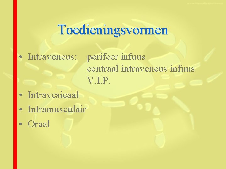 Toedieningsvormen • Intraveneus: perifeer infuus centraal intraveneus infuus V. I. P. • Intravesicaal •