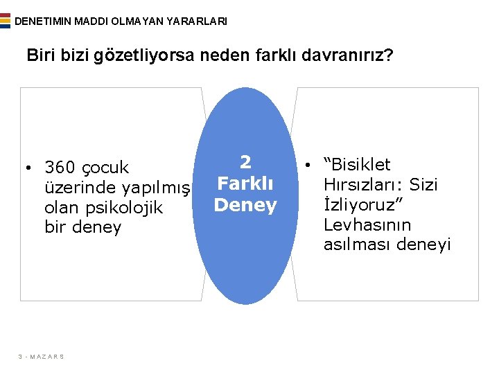 DENETIMIN MADDI OLMAYAN YARARLARI Biri bizi gözetliyorsa neden farklı davranırız? • 360 çocuk üzerinde