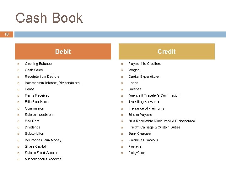 Cash Book 10 Debit Credit Opening Balance Payment to Creditors Cash Sales Wages Receipts