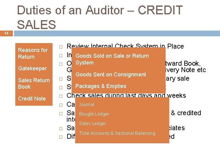 14 Duties of an Auditor – CREDIT SALES Reasons for Return Gatekeeper Sales Return